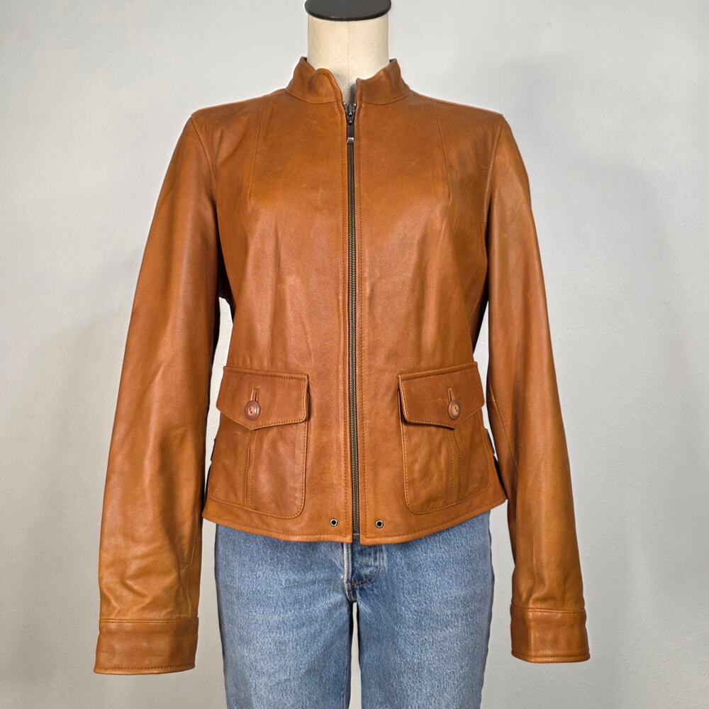 Cognac Leather Jacket High Neck Collar Fitted Y2K 90s Size Large Preppy Brown